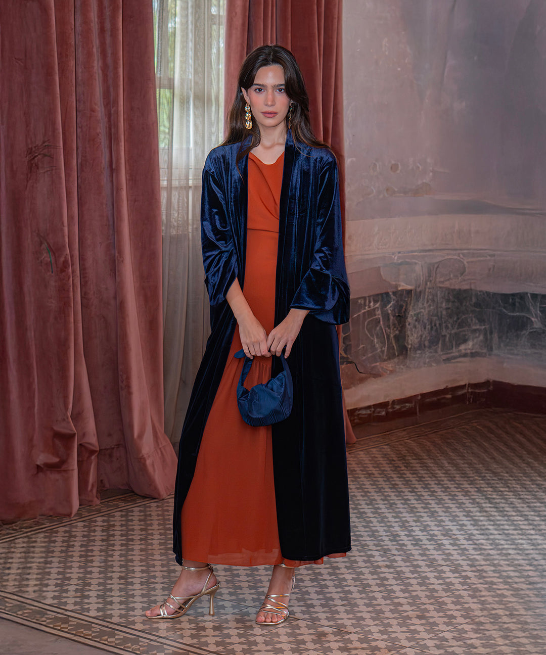 Kimono largo terciopelo azul marino